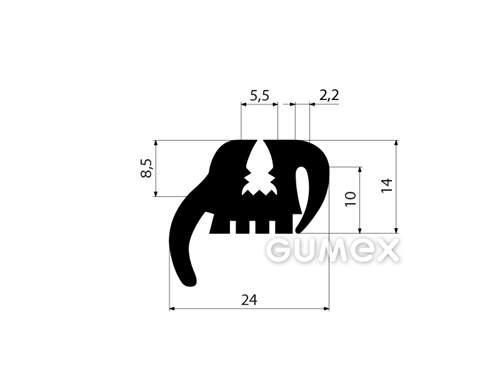 Pryžový profil do oken dopravních prostředků bez klínku, 14x24/5,5/2,2mm, 70°ShA, EPDM, -40°C/+100°C, černý